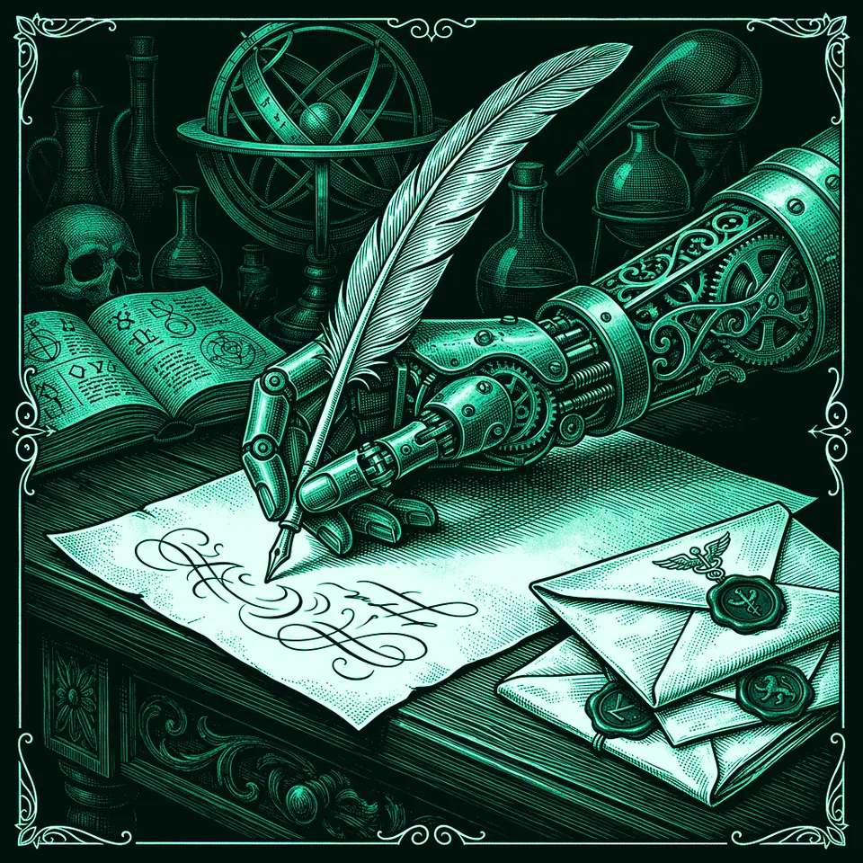 Engraving of a clockwork automaton hand writing with a quill beside wax-sealed letters