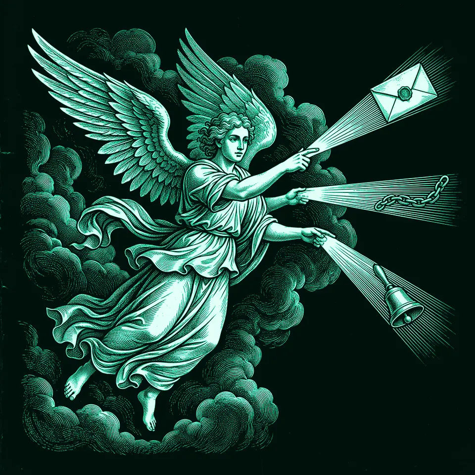 Engraving of a winged herald casting three beams of light that carry an envelope, a chain link and a bell