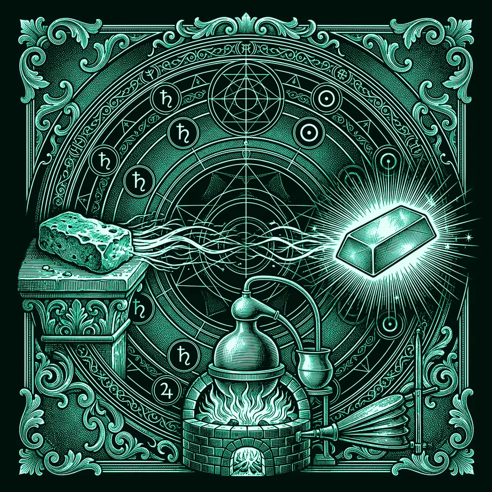 Engraving of an alchemical circle where a lead ingot transmutes into radiant gold above a furnace